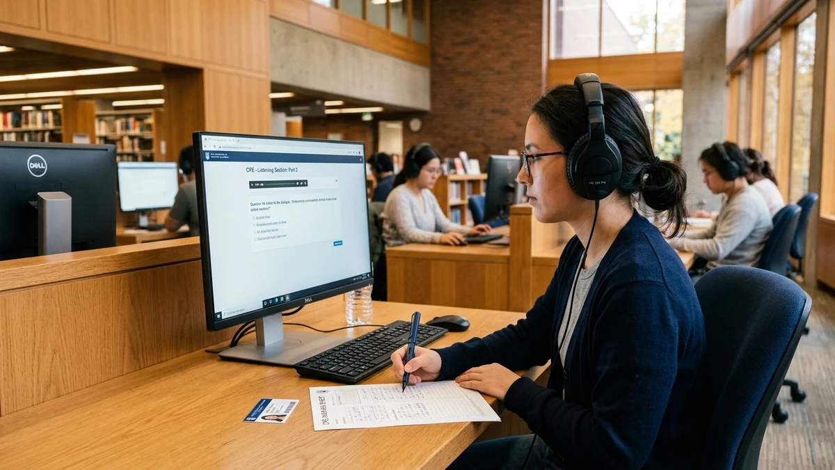 Estudiante realizando la prueba cronometrada del simulador Aptis online con auriculares